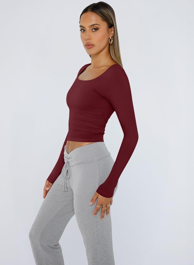 Trendy Queen Womens Long Sleeve Shirts Crop Scoop Neck Tops Fall Fashion Solid Going Out Basics Tees Y2k Clothes 2026 Burgundy S - Image 3